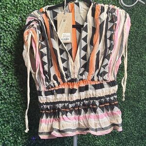 Devotion TWINS Black, Pink, and Orange Geometric Boho Blouse